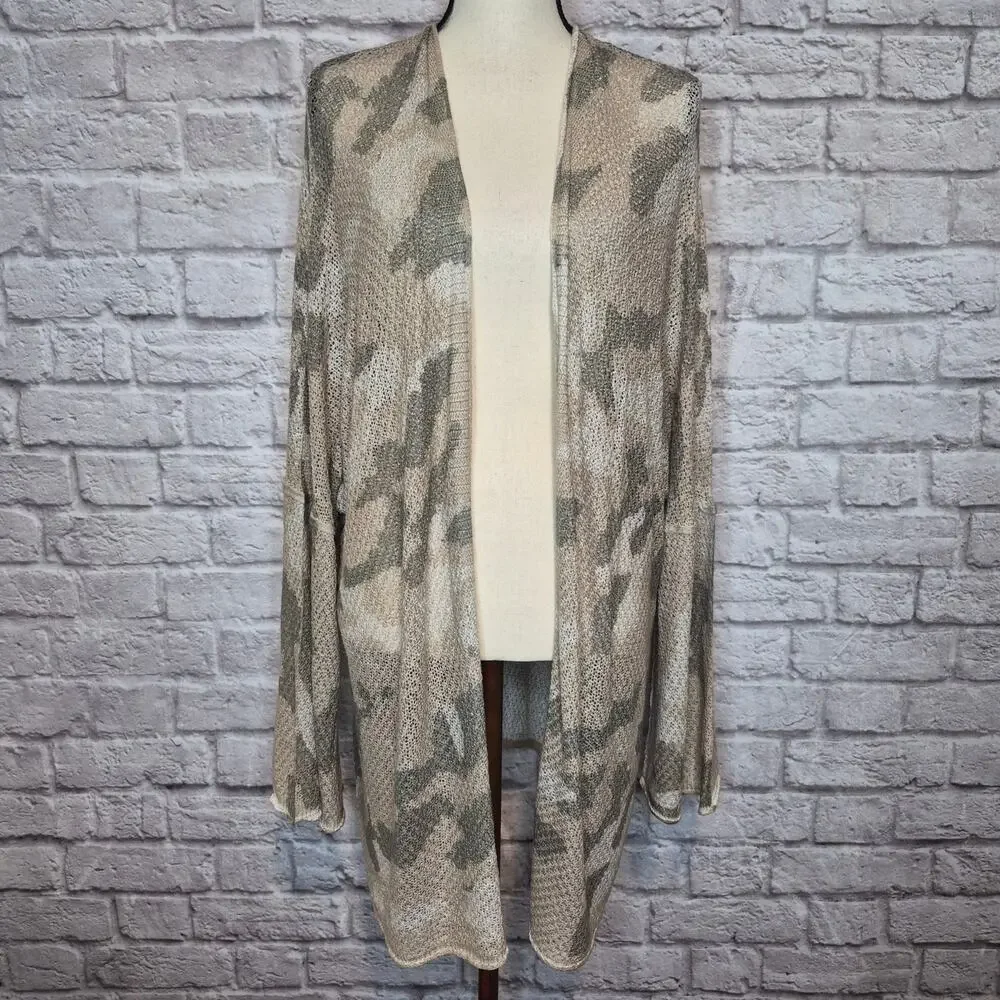 POL Camo Open Front Knit Cardigan Relaxed Fit Dropped Shoulder Duster Women Sz L